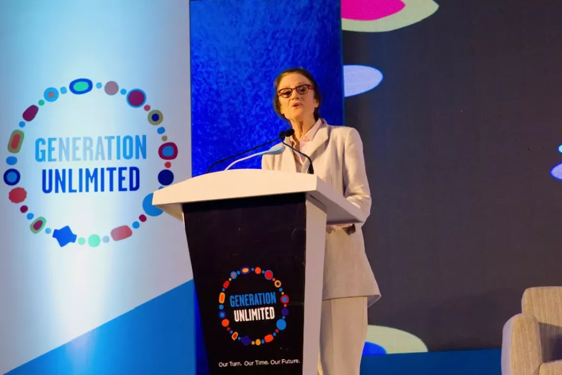 UNICEF Executive Director Henrietta Fore delivers a speech in Bangladesh.